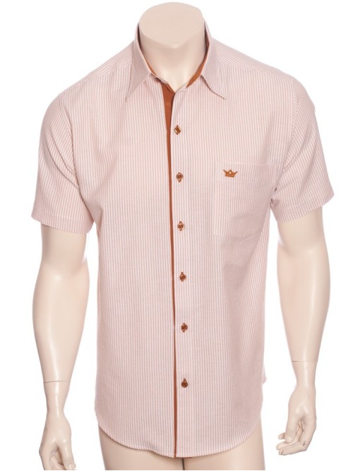 Camisa social masculina de algodão listrada com detalhe caramelo, manga curta