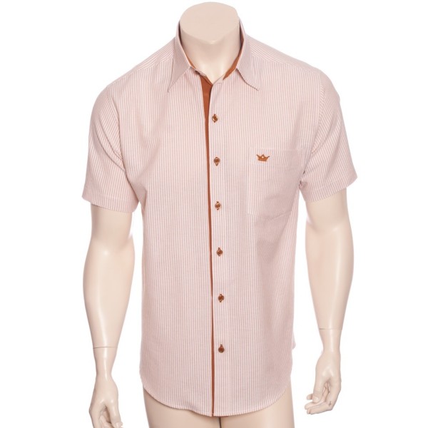 Camisa social masculina de algodão listrada com detalhe caramelo, manga curta
