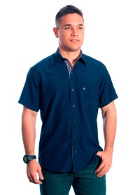 Camisa social masculina de microfibra manga curta com detalhe marinho