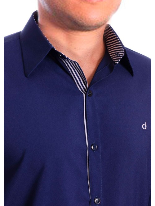 Camisa social masculina de microfibra manga curta com detalhe marinho