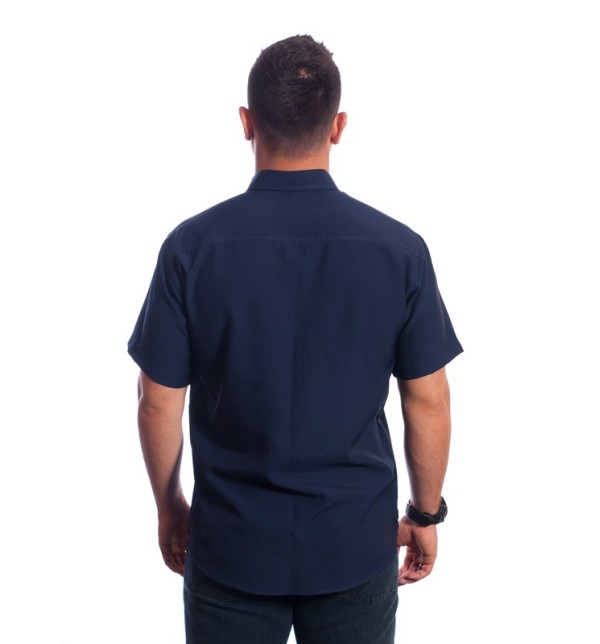 Camisa social masculina de microfibra manga curta com detalhe marinho