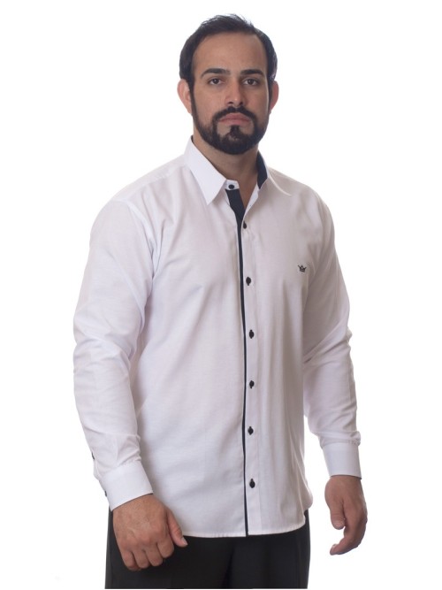 Camisa social masculina de tricoline com detalhe manga longa, branca Camisa social masculina de tricoline com detalhe manga longa, branca