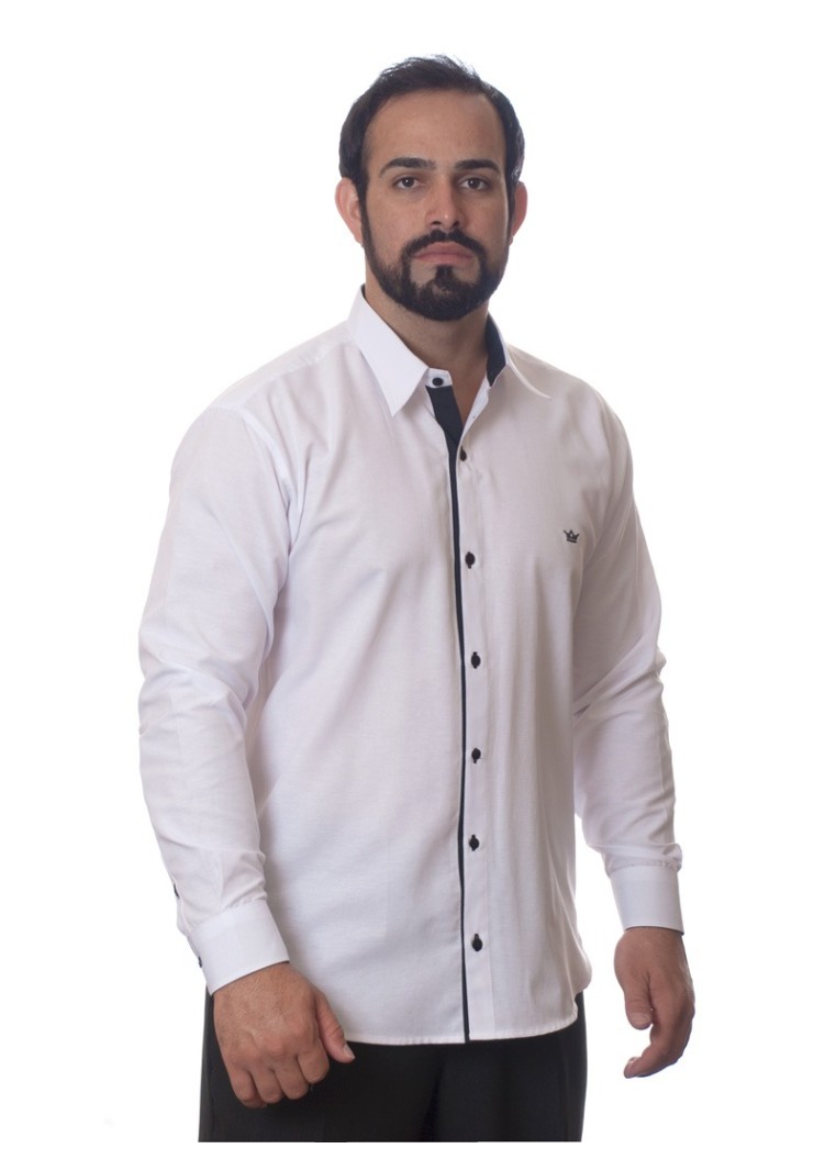 Camisa social masculina de tricoline com detalhe manga longa, branca
