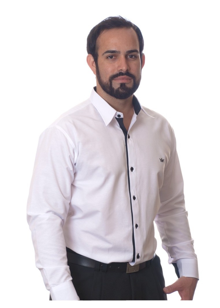 Camisa social masculina de tricoline com detalhe manga longa, branca