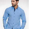 Camisa social masculina de tricoline com detalhe manga longa, azul