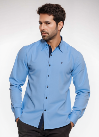 Camisa social masculina de tricoline com detalhe manga longa, azul