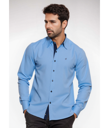 Camisa social masculina de tricoline com detalhe manga longa, azul