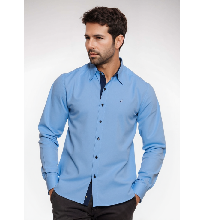 Camisa social masculina de tricoline com detalhe manga longa, azul