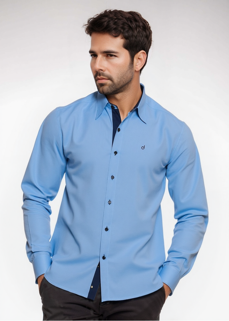 Camisa social masculina de tricoline com detalhe manga longa, azul