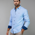 Camisa social masculina de tricoline com detalhe manga longa, azul