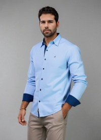Camisa social masculina de tricoline com detalhe manga longa, azul