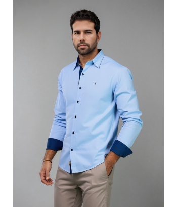 Camisa social masculina de tricoline com detalhe manga longa, azul