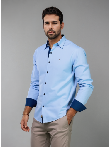 Camisa social masculina de tricoline com detalhe manga longa, azul
