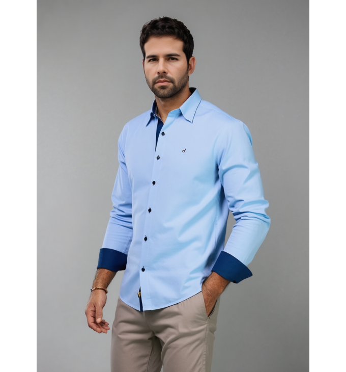 Camisa social masculina de tricoline com detalhe manga longa, azul