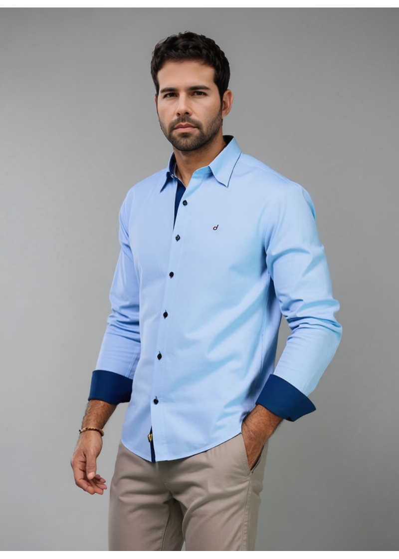 Camisa social masculina de tricoline com detalhe manga longa, azul