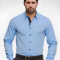 Camisa social masculina de tricoline com detalhe manga longa, azul