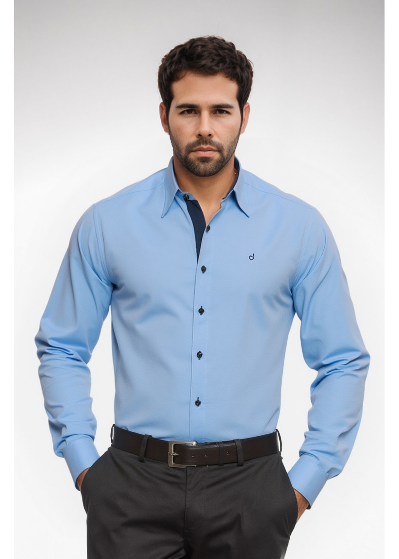 Camisa social masculina de tricoline com detalhe manga longa, azul