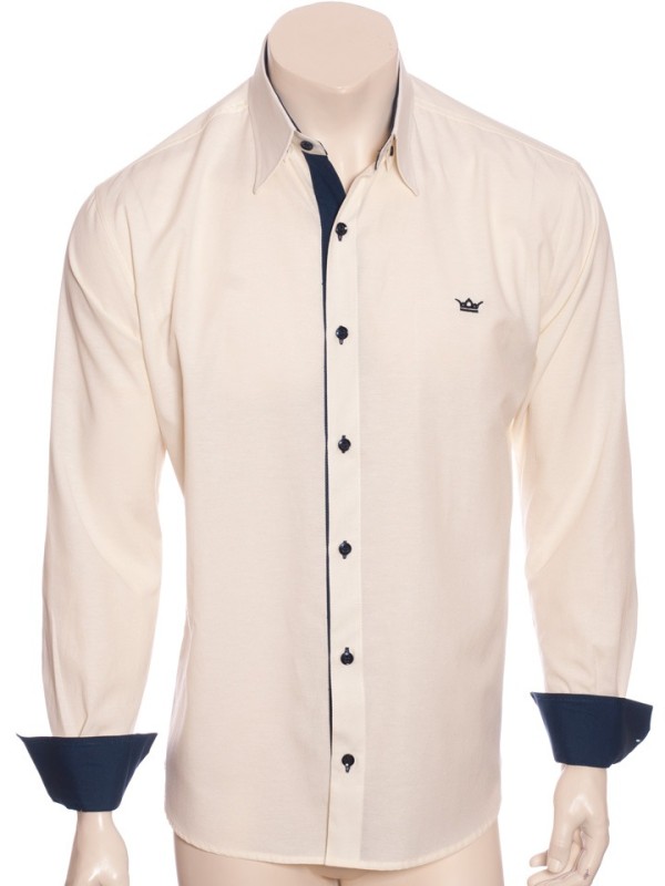 Camisa social masculina de tricoline com detalhe manga longa, palha