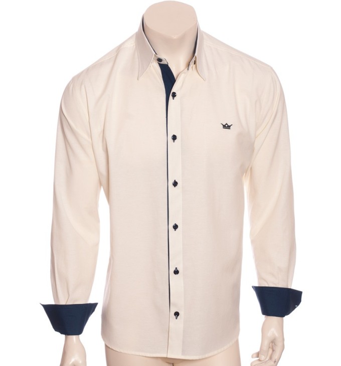 Camisa social masculina de tricoline com detalhe manga longa, palha Camisa social masculina de tricoline com detalhe manga longa, palha