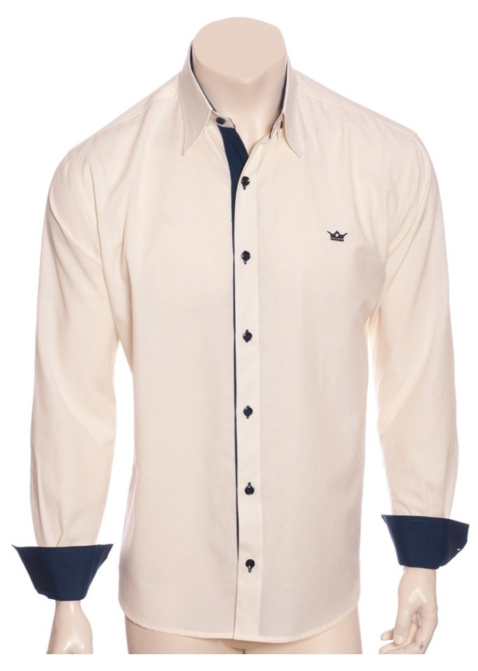 Camisa social masculina de tricoline com detalhe manga longa, palha