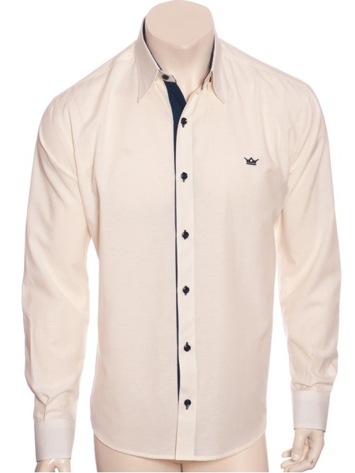 Camisa social masculina de tricoline com detalhe manga longa, palha