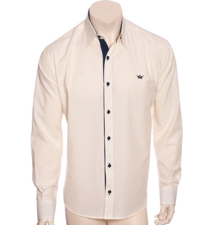 Camisa social masculina de tricoline com detalhe manga longa, palha Camisa social masculina de tricoline com detalhe manga longa, palha