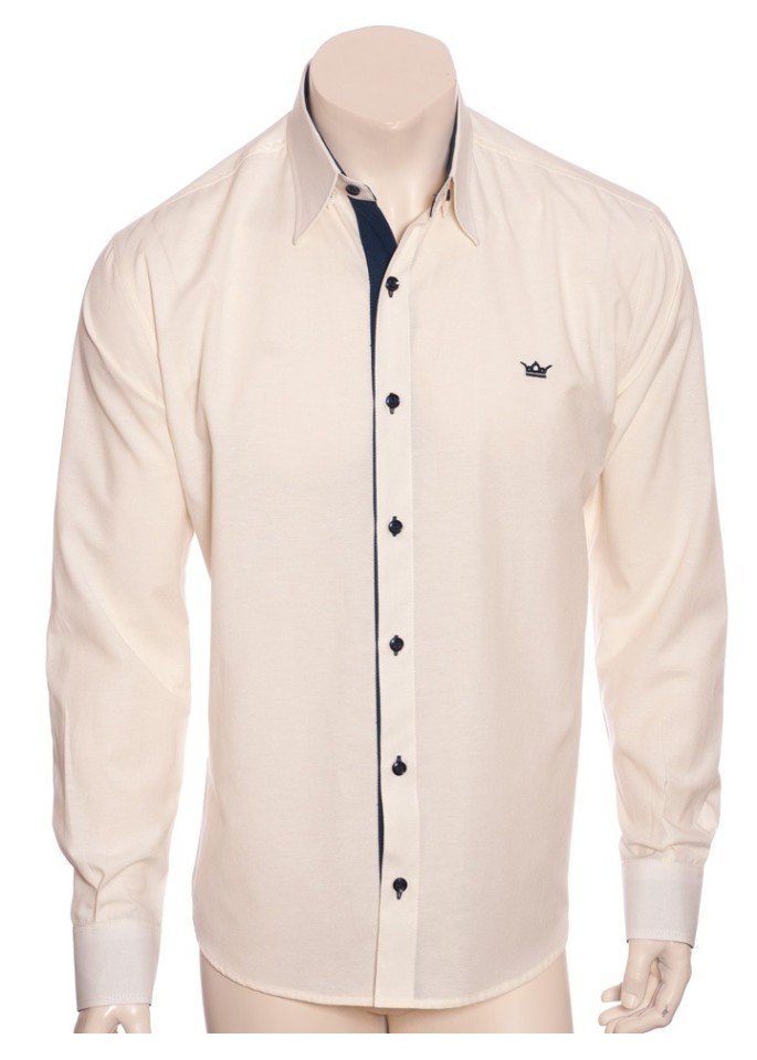 Camisa social masculina de tricoline com detalhe manga longa, palha