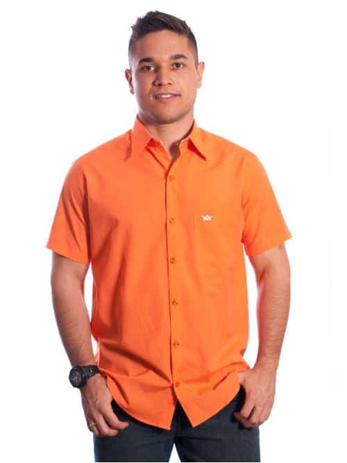 Camisa social masculina de tricoline com detalhe manga curta, laranja