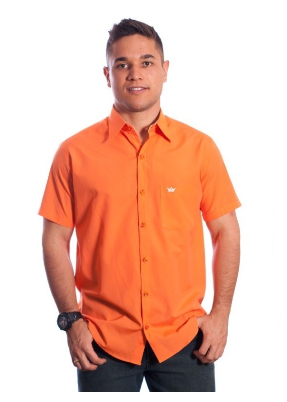 Camisa social masculina de tricoline com detalhe manga curta, laranja