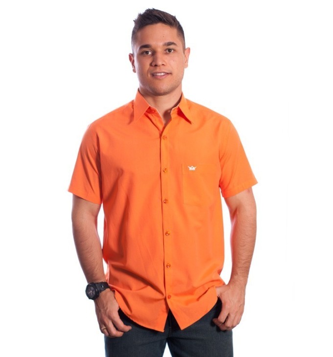 Camisa social masculina de tricoline com detalhe manga curta, laranja Camisa social masculina de tricoline com detalhe manga curta, laranja