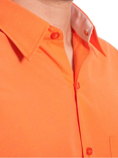 Camisa social masculina de tricoline com detalhe manga curta, laranja Camisa social masculina de tricoline com detalhe manga curta, laranja