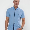 Camisa social masculina de tricoline com detalhe manga curta, azul