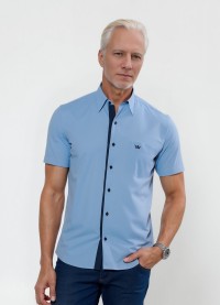 Camisa social masculina de tricoline com detalhe manga curta, azul