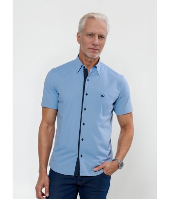 Camisa social masculina de tricoline com detalhe manga curta, azul