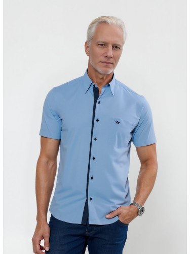 Camisa social masculina de tricoline com detalhe manga curta, azul