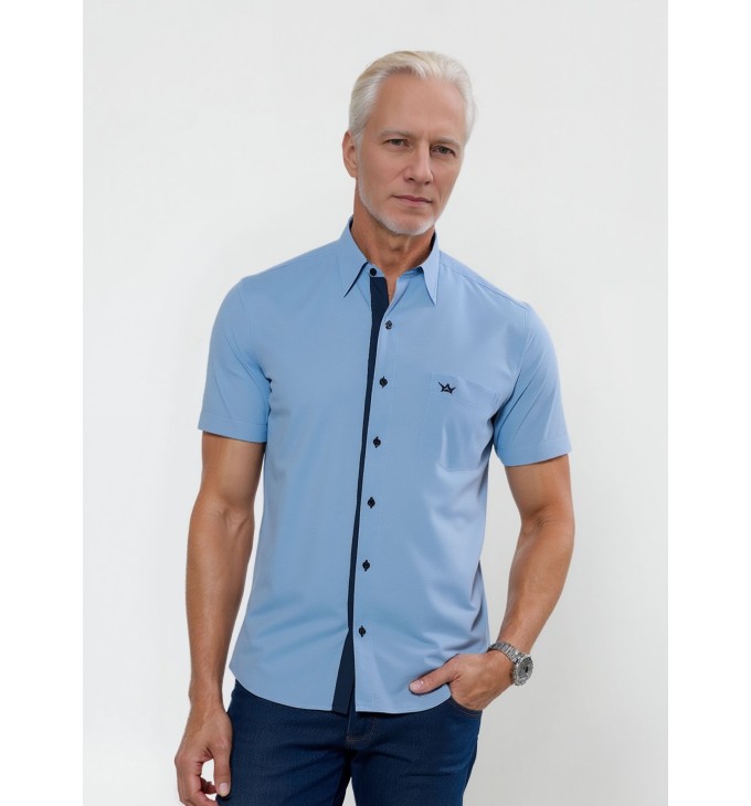 Camisa social masculina de tricoline com detalhe manga curta, azul Camisa social masculina de tricoline com detalhe manga curta, azul