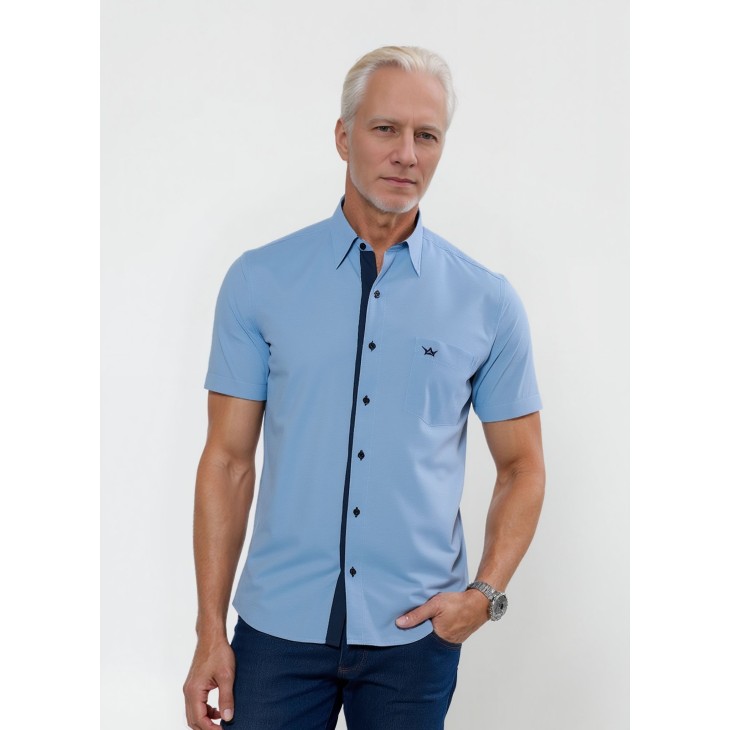 Camisa social masculina de tricoline com detalhe manga curta, azul