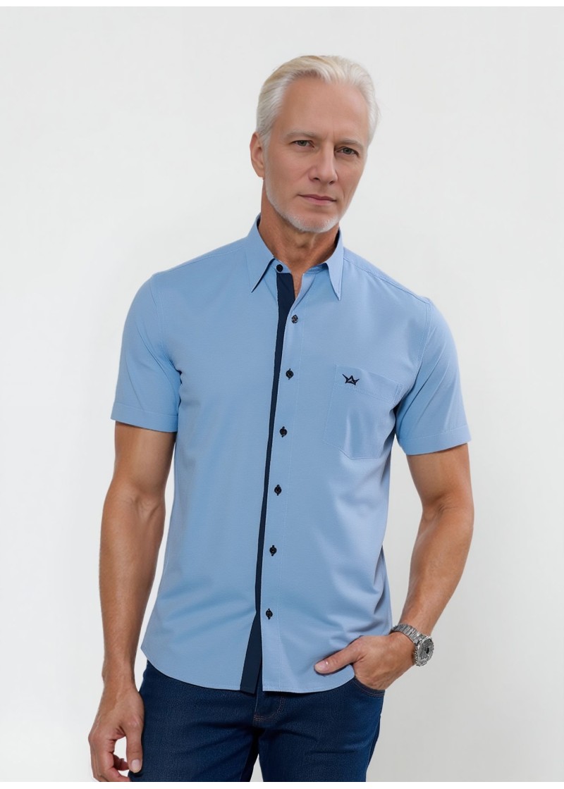 Camisa social masculina de tricoline com detalhe manga curta, azul