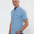 Camisa social masculina de tricoline com detalhe manga curta, azul