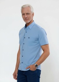 Camisa social masculina de tricoline com detalhe manga curta, azul
