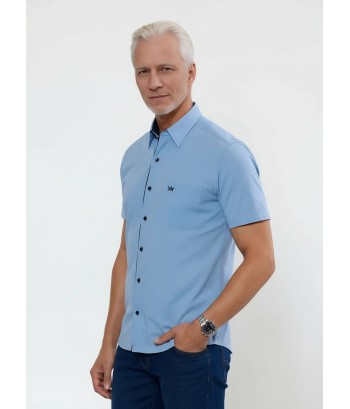 Camisa social masculina de tricoline com detalhe manga curta, azul
