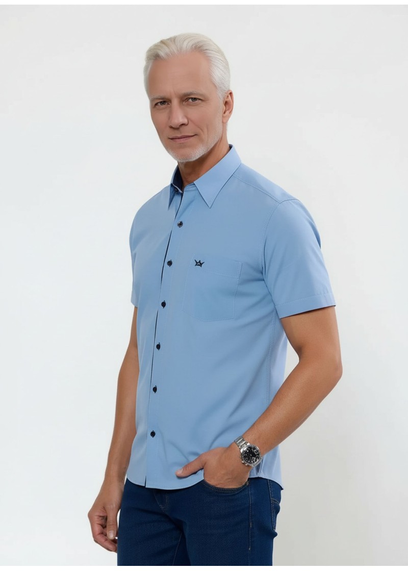 Camisa social masculina de tricoline com detalhe manga curta, azul