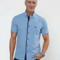 Camisa social masculina de tricoline com detalhe manga curta, azul