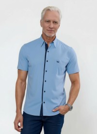 Camisa social masculina de tricoline com detalhe manga curta, azul