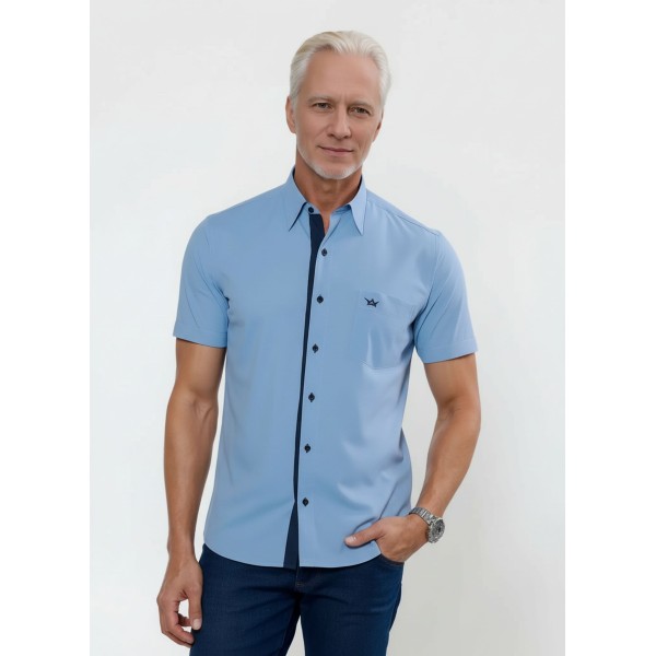 Camisa social masculina de tricoline com detalhe manga curta, azul