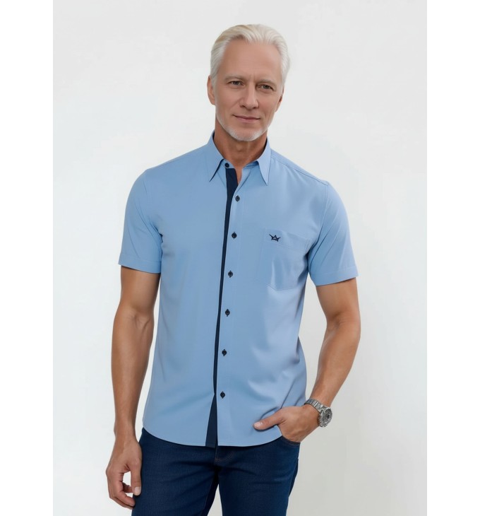 Camisa social masculina de tricoline com detalhe manga curta, azul Camisa social masculina de tricoline com detalhe manga curta, azul