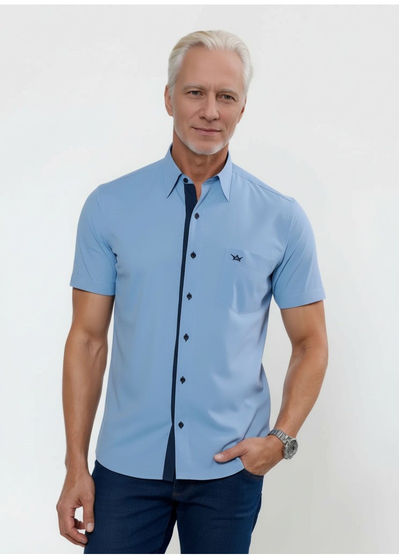 Camisa social masculina de tricoline com detalhe manga curta, azul