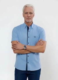 Camisa social masculina de tricoline com detalhe manga curta, azul