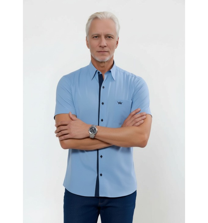 Camisa social masculina de tricoline com detalhe manga curta, azul Camisa social masculina de tricoline com detalhe manga curta, azul