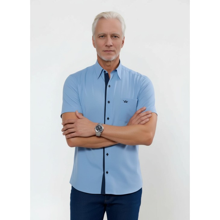 Camisa social masculina de tricoline com detalhe manga curta, azul